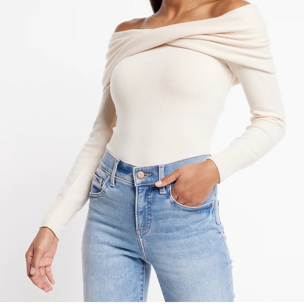 Express Off-Shoulder Cream Sweater Bodysuit